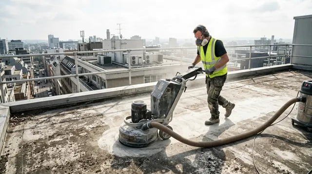 Grinding a rooftop slab with a floor grinder connected to a dust extractor