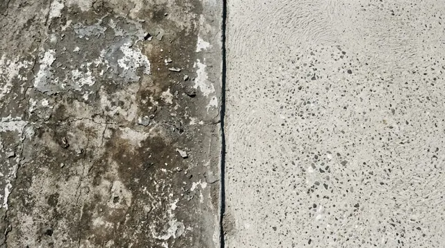 Concrete surface before (left) and after (right) grinding